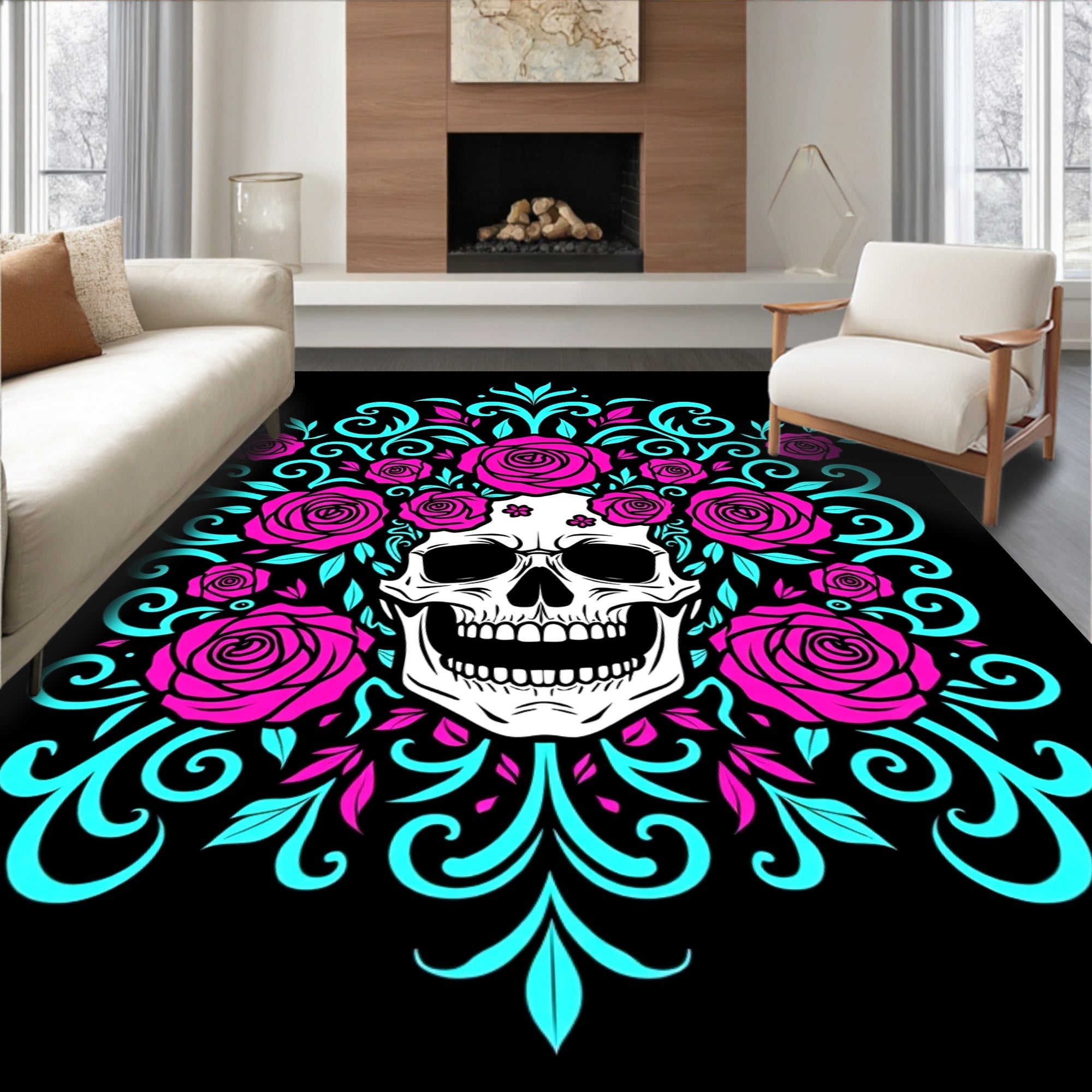 Vibrant Pink Rose Skull Swirls Rug
