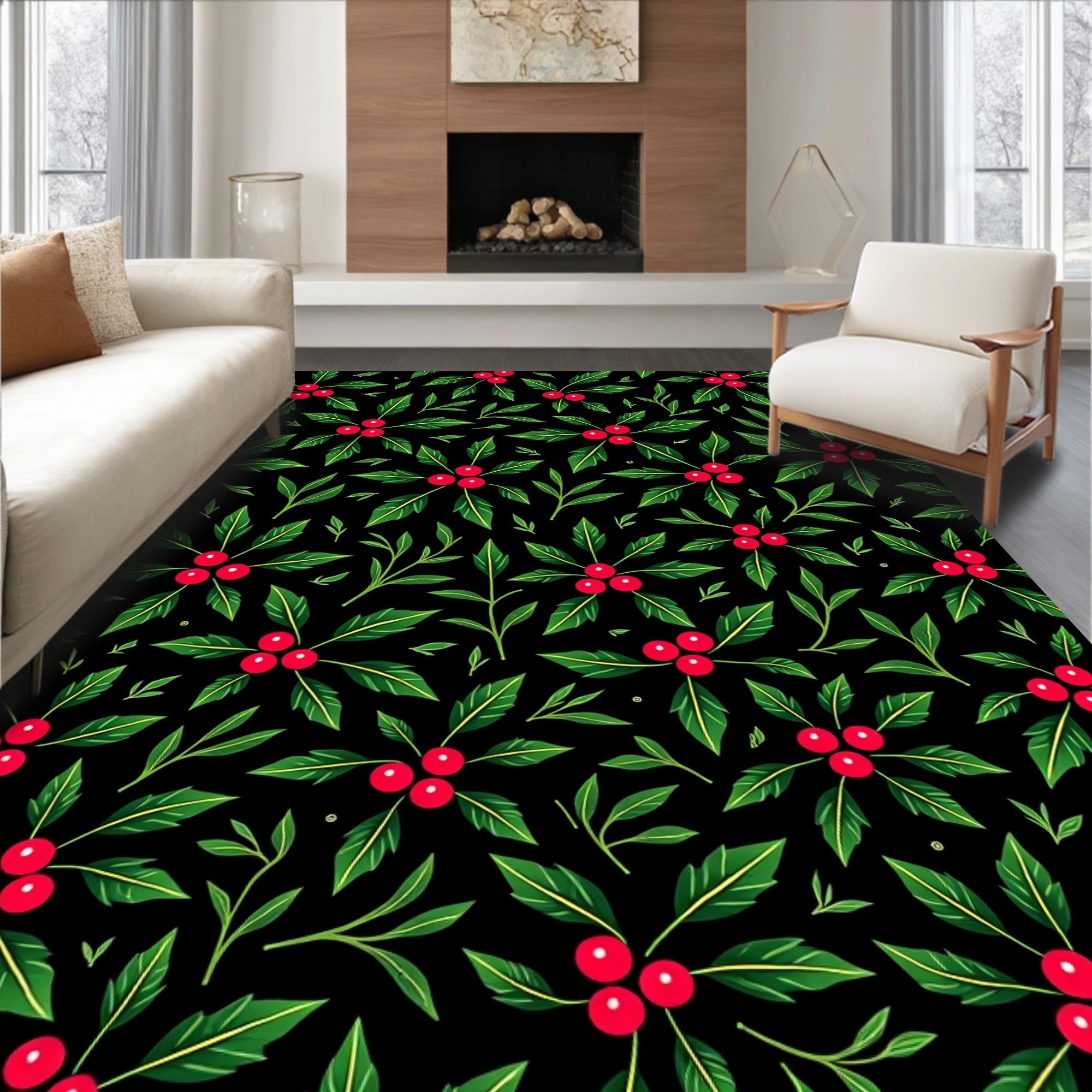 Festive Red Berry Leaf Arrangement Rug