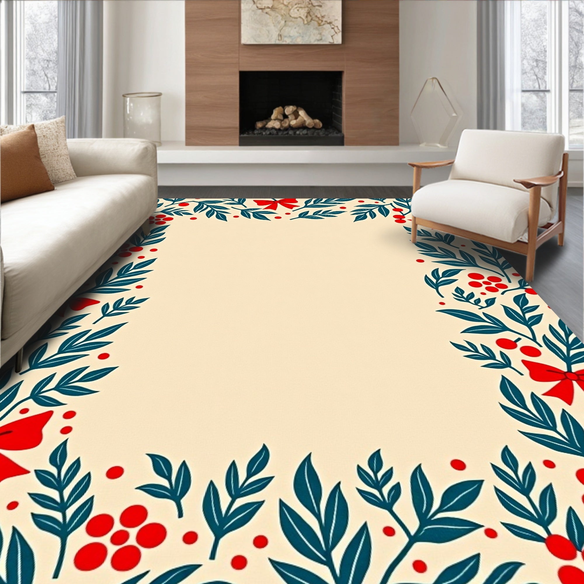 Festive Red Berry Bow Leaf Border Rug