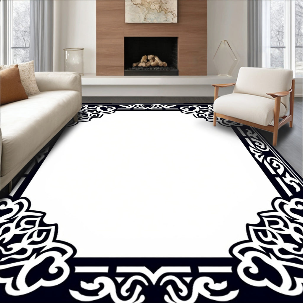 Dark Navy Floral Foliage Border Rug