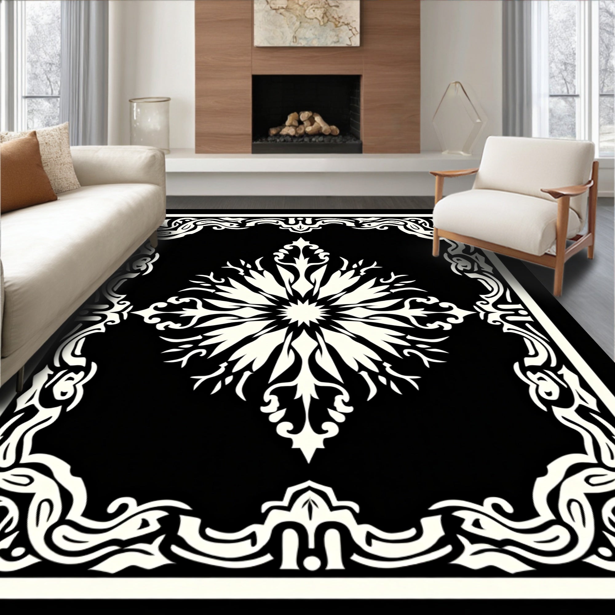 Ornate Ivory Floral Medallion Black Rug