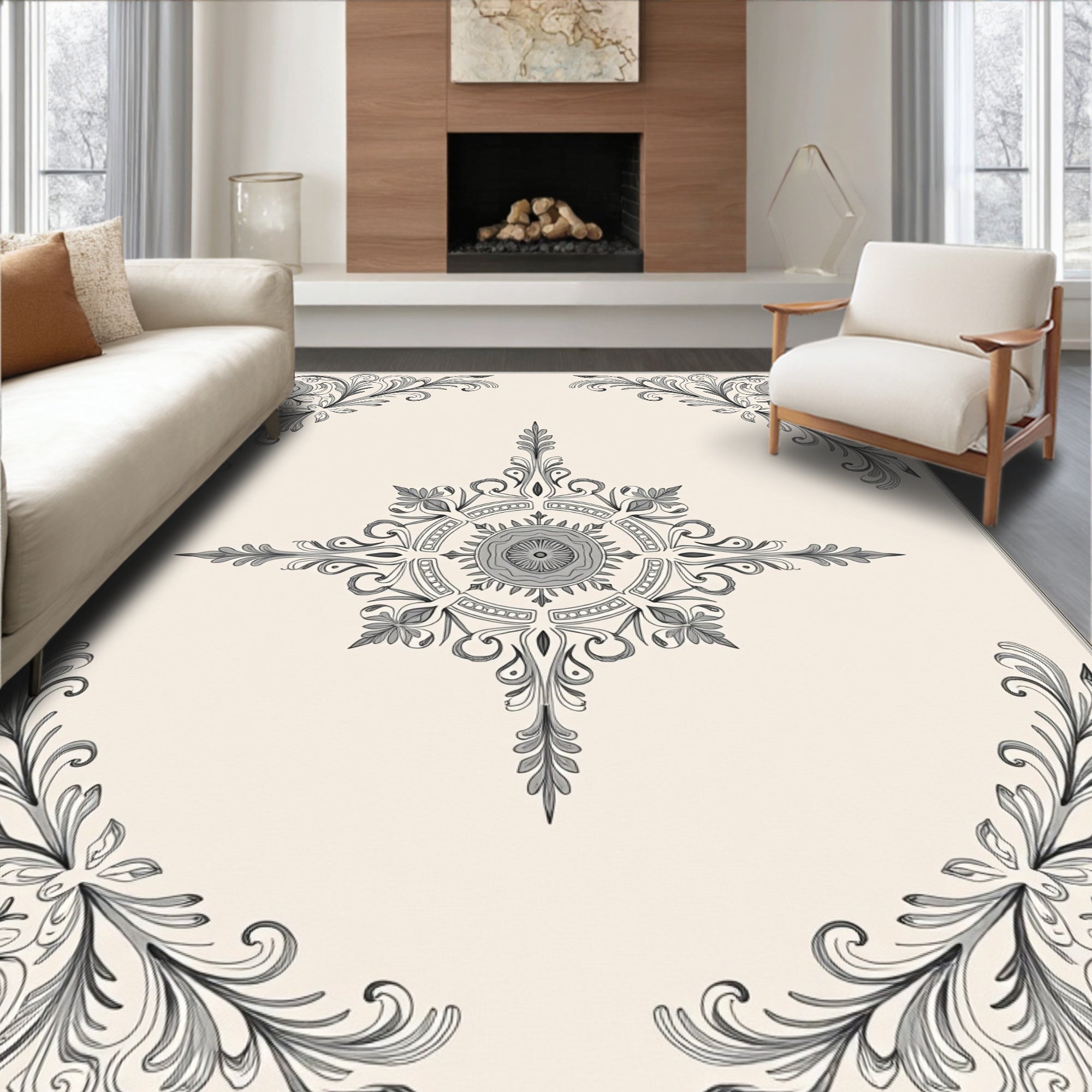 Elegant Gray Floral Medallion Scrollwork Rug