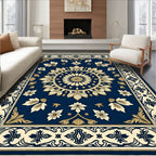 Navy Blue Gold Medallion Floral Rug
