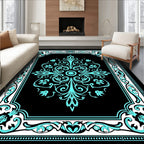 Aqua Floral Scroll Black Medallion Rug