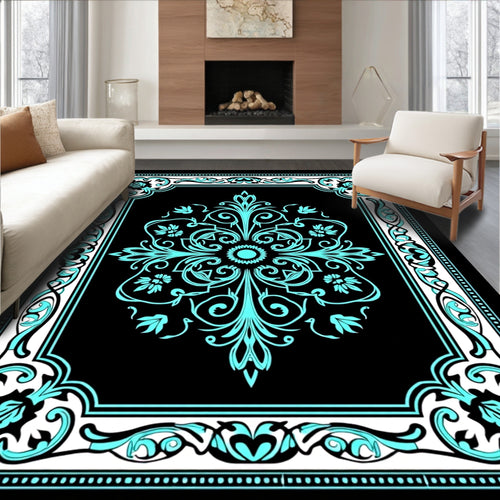 Aqua Floral Scroll Black Medallion Rug