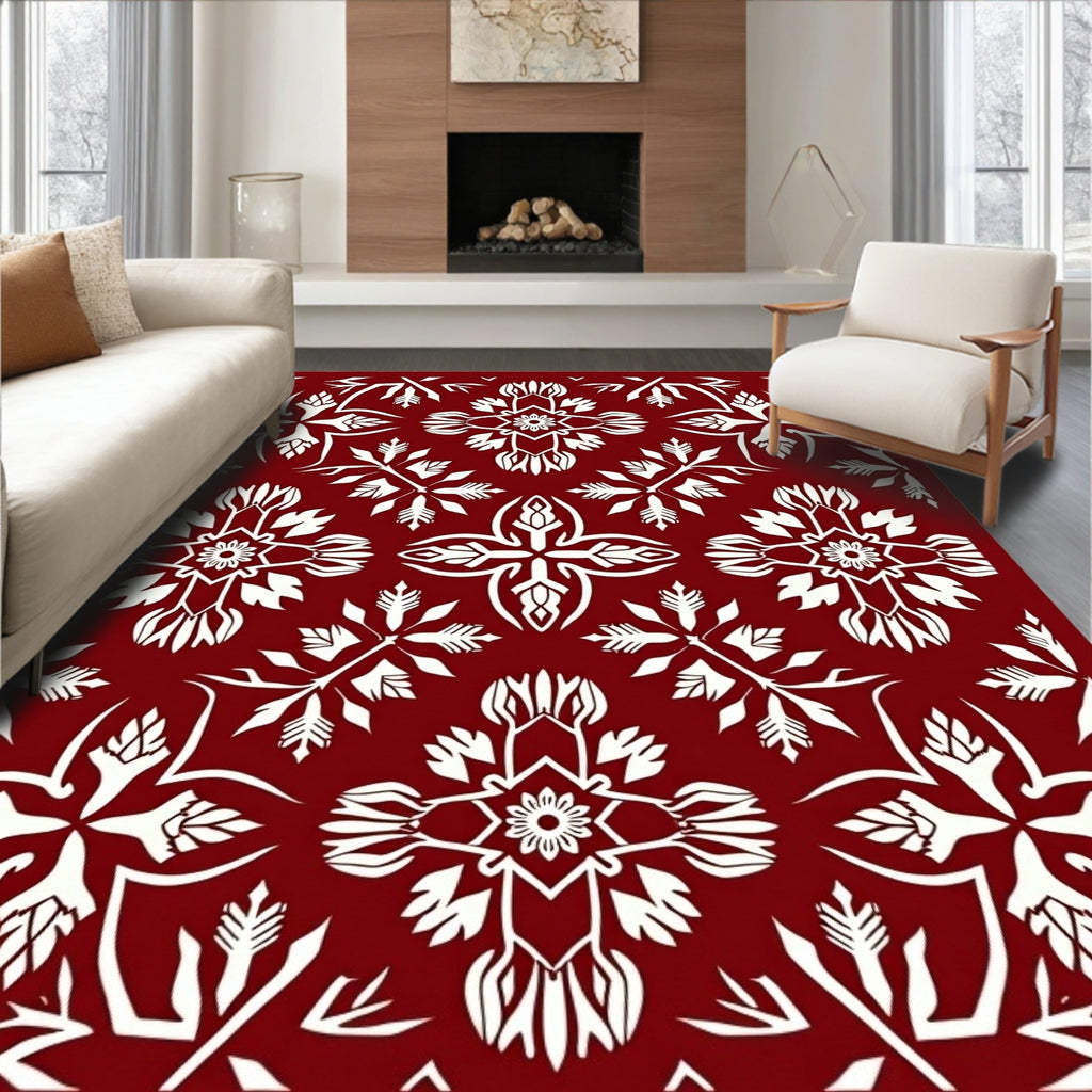 Crimson White Floral Medallion Arrangement Rug