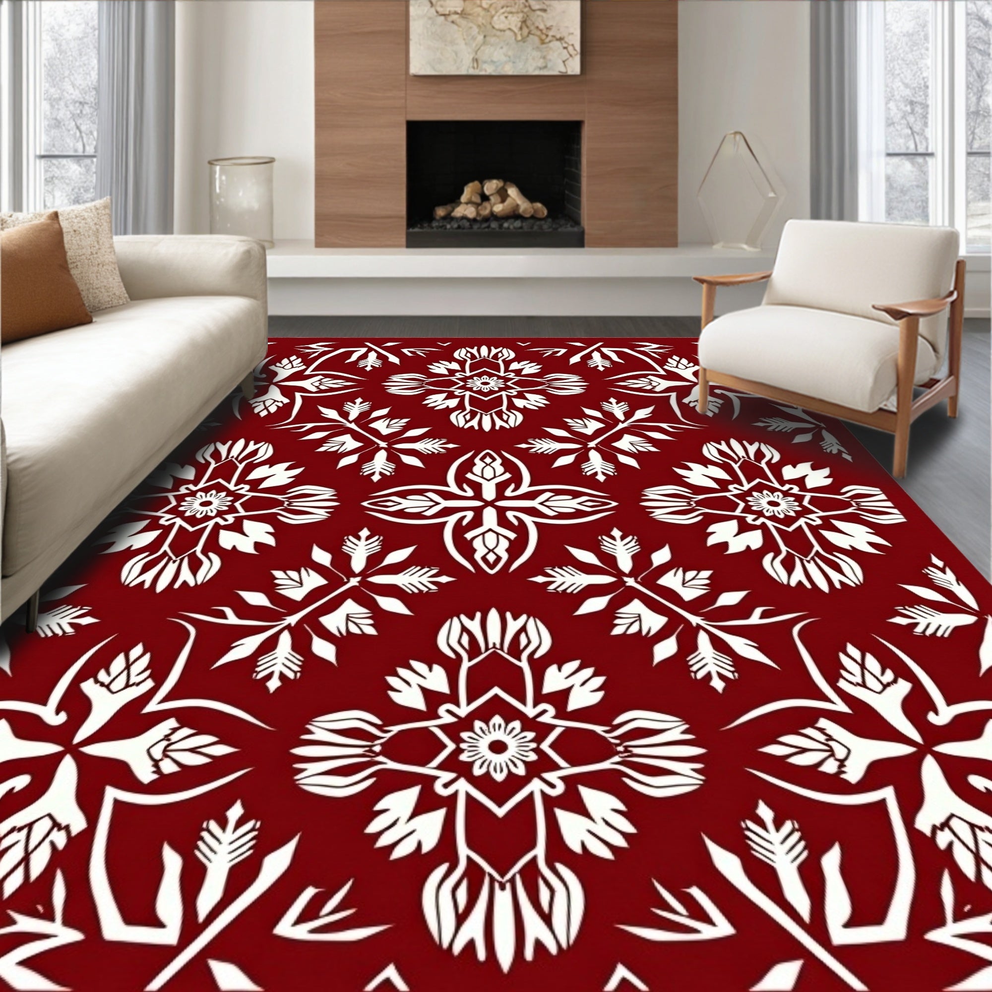 Crimson White Floral Medallion Arrangement Rug