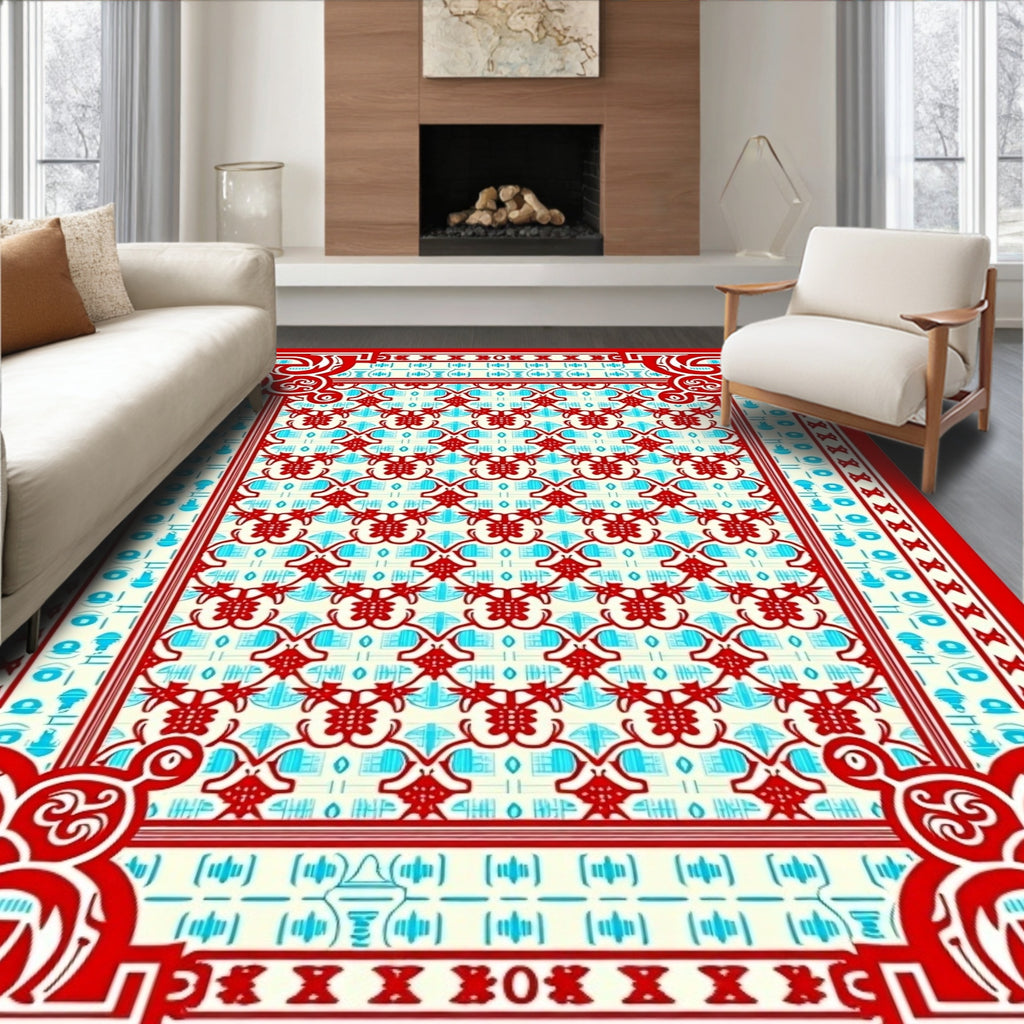 Ornate Red Turquoise Geometric Medallion Rug