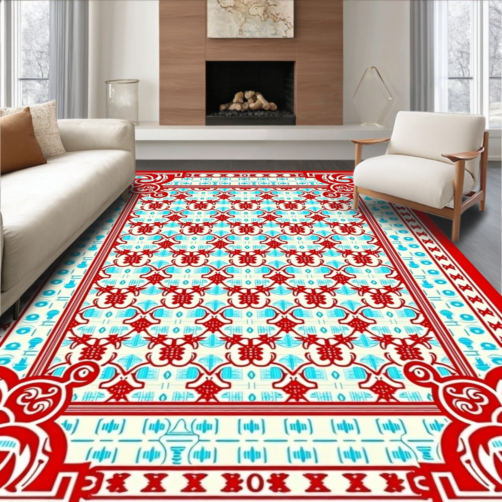 Ornate Red Turquoise Geometric Medallion Rug