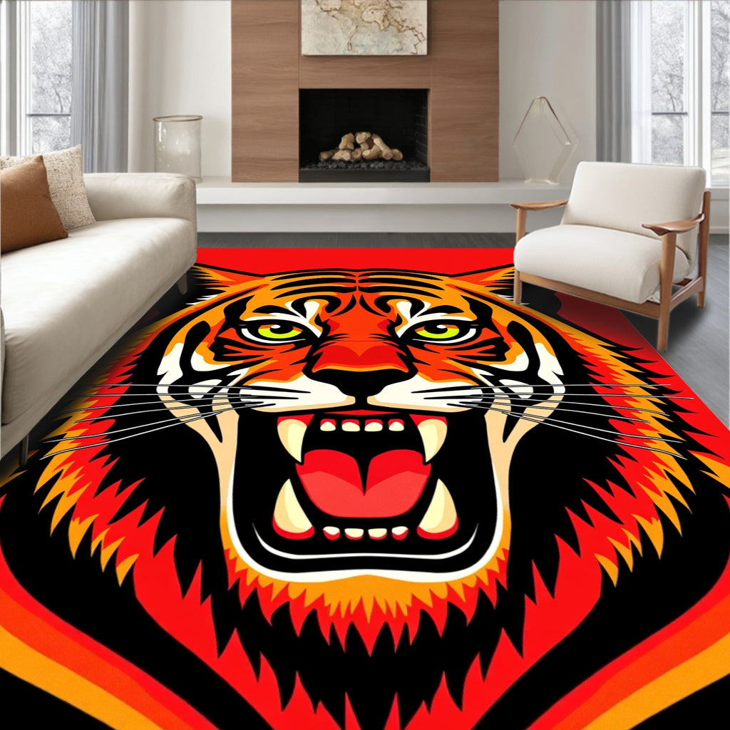 Bold Tiger Face Roaring Red Orange Rug