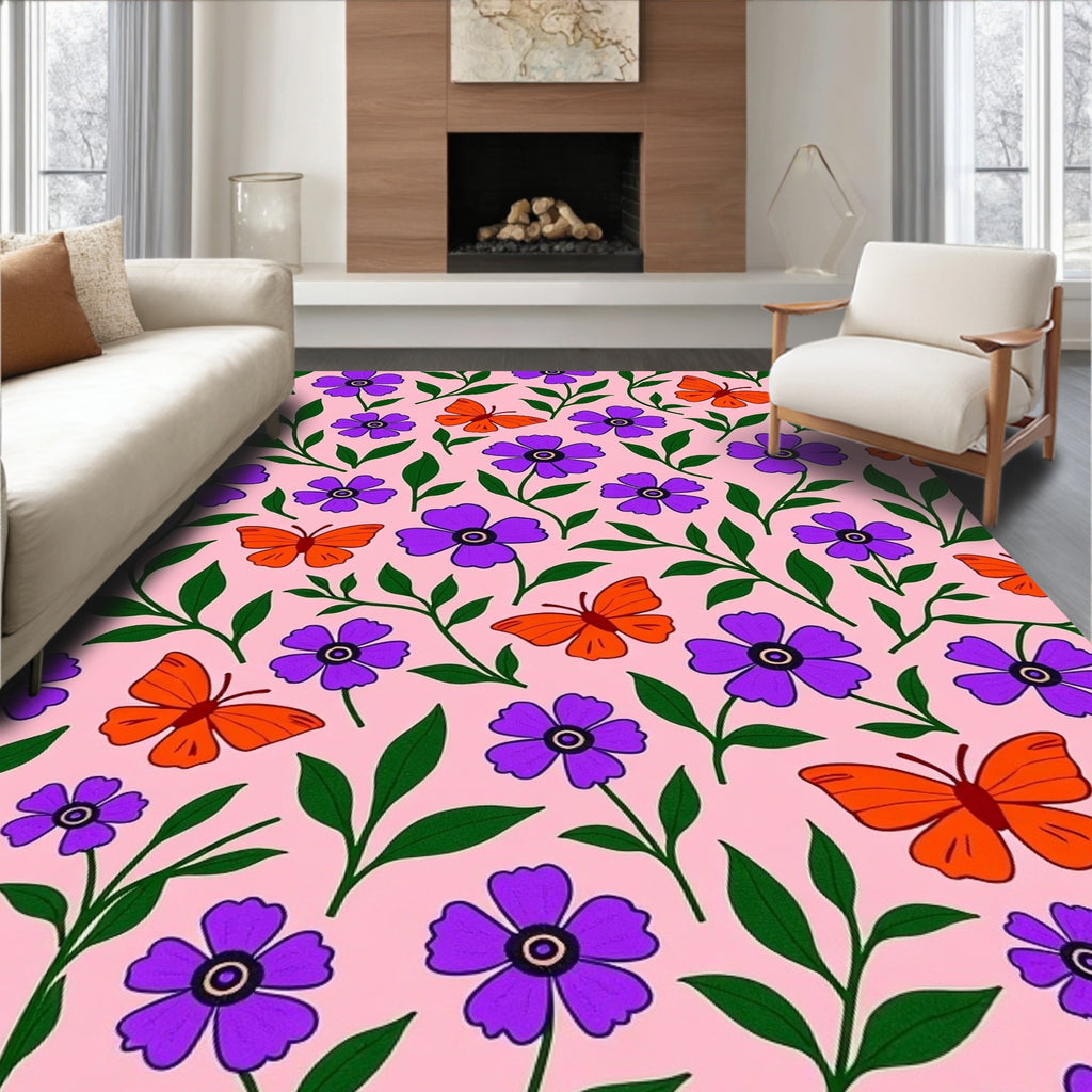 Purple Floral Orange Butterfly Garden Rug