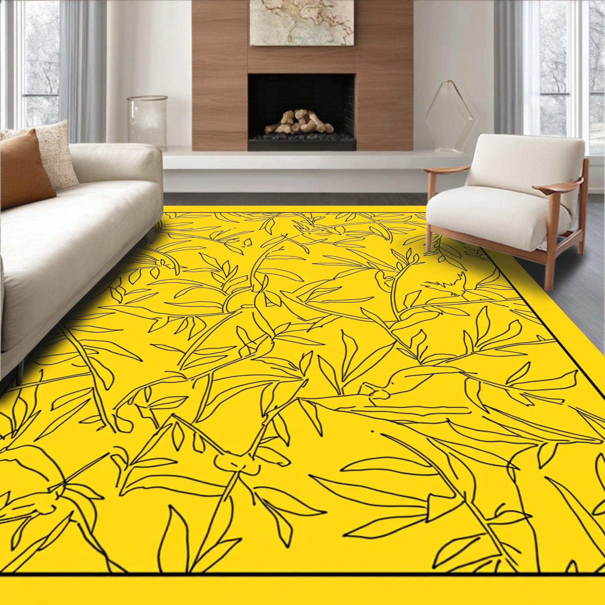 Golden Yellow Leafy Branch Arrangement Rug