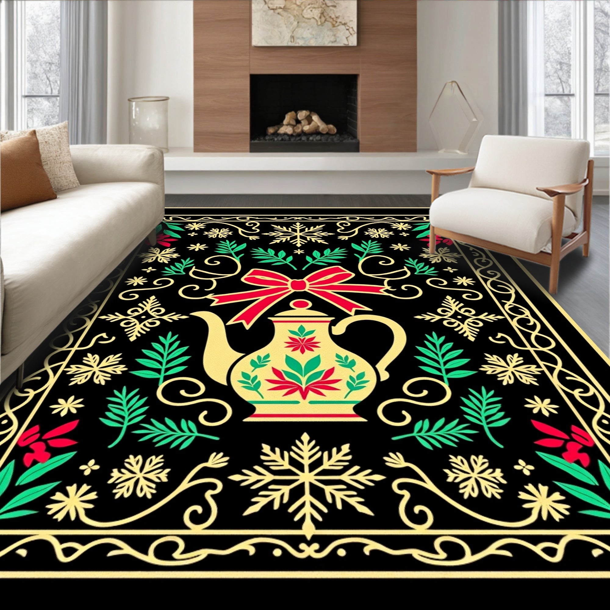 Red Bow Teapot Snowflake Garden Rug