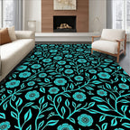 Teal Floral Vine Black Background Rug