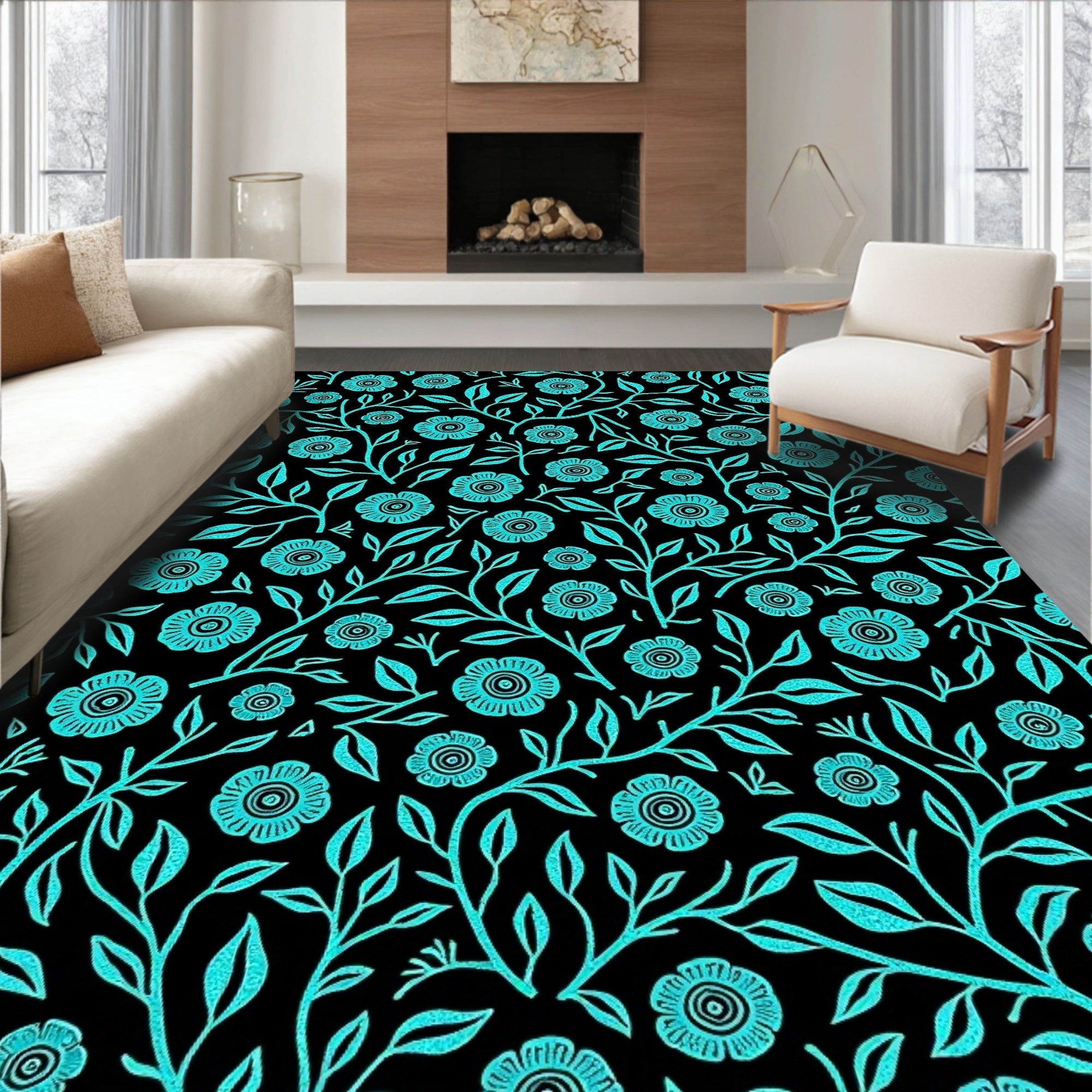 Teal Floral Vine Black Background Rug