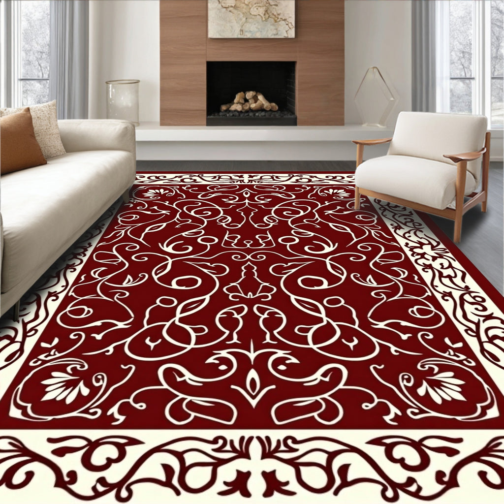 Rich Crimson Intricate Floral Border Rug