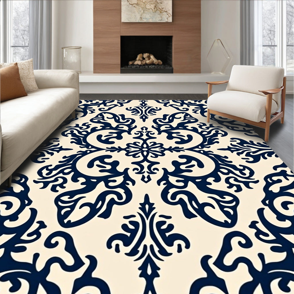 Navy Cream Damask Scrollwork Medallion Rug