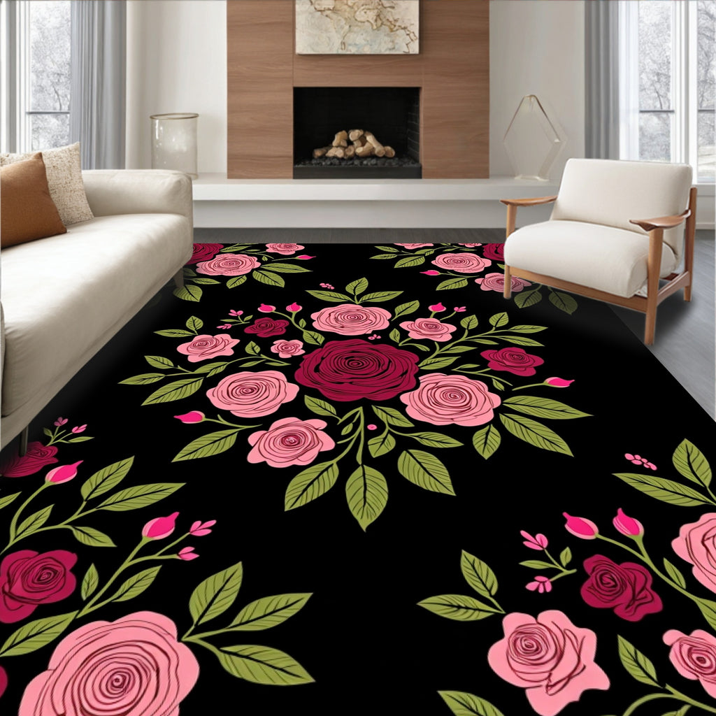 Burgundy Pink Rose Garland Black Rug