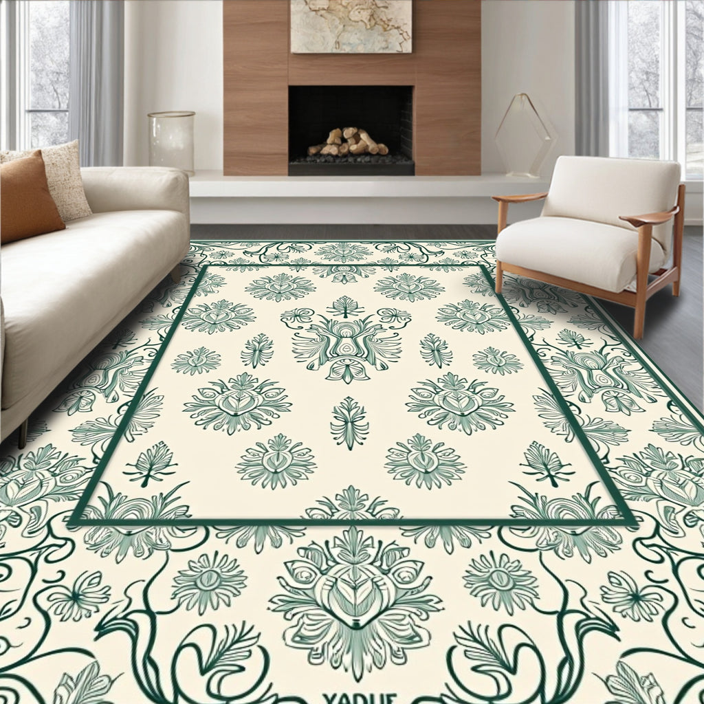 Ornate Green Floral Cameo Scrollwork Rug
