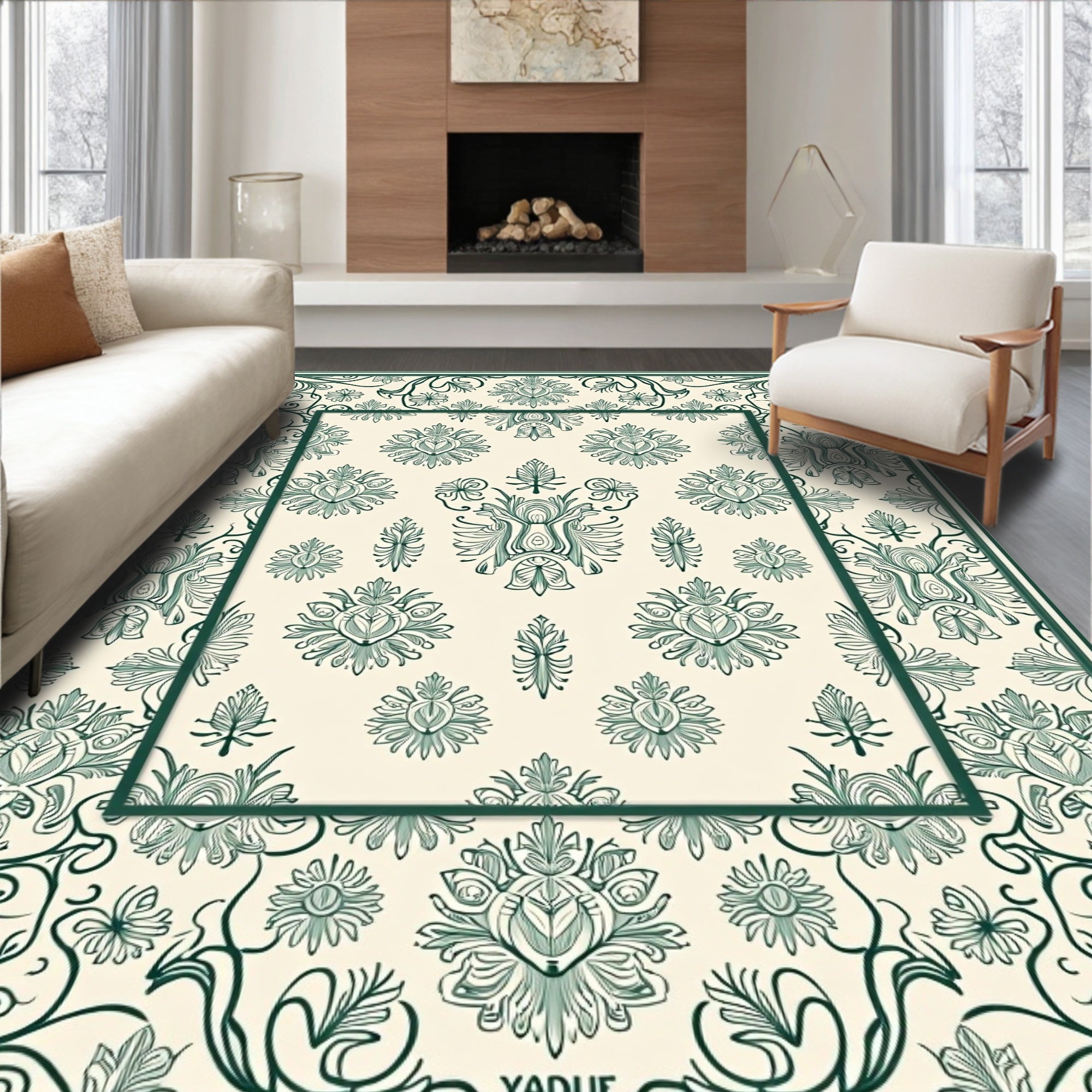Ornate Green Floral Cameo Scrollwork Rug