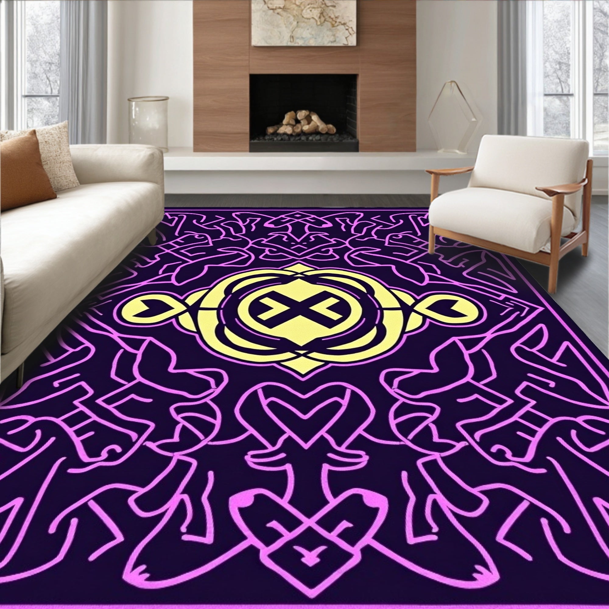 Bold Violet Yellow Abstract Knot Rug
