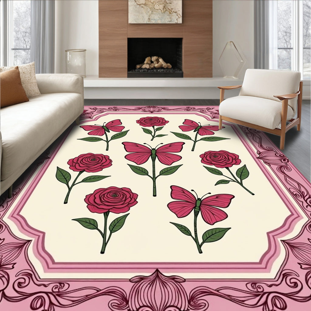 Pink Roses Butterflies Floral Garden Border Rug