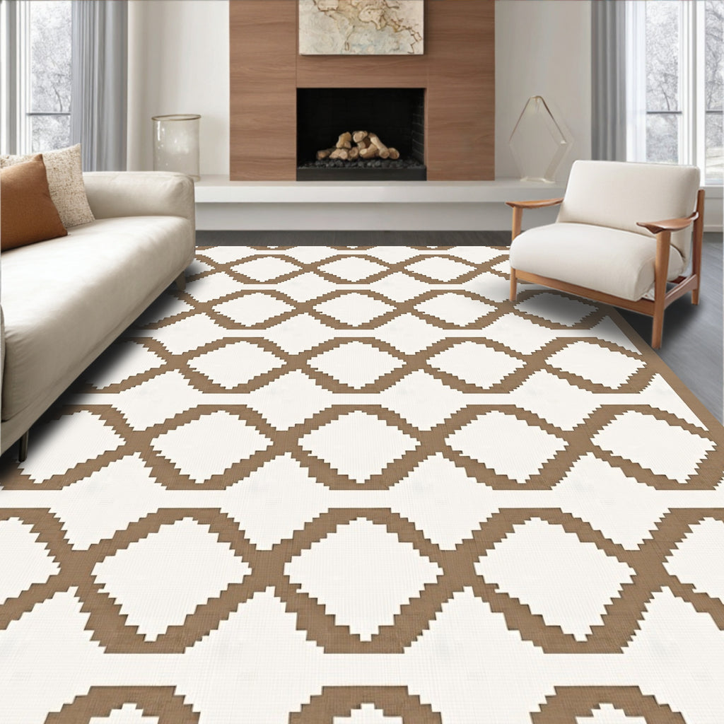 Brown and White Geometric Diamond Rug