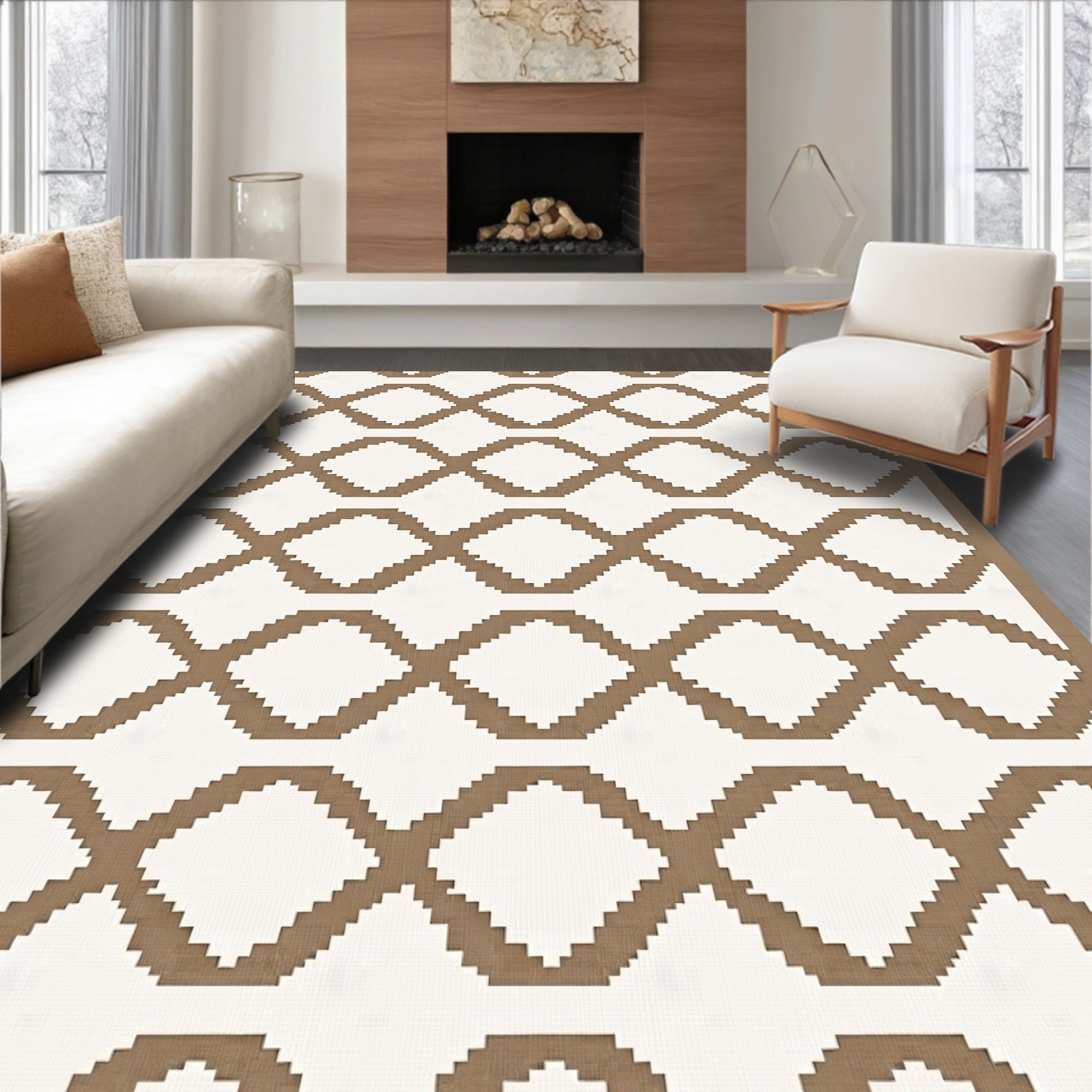 Brown and White Geometric Diamond Rug