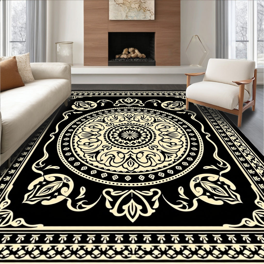 Black Cream Floral Medallion Frame Rug