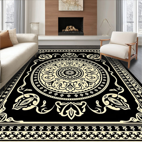 Black Cream Floral Medallion Frame Rug