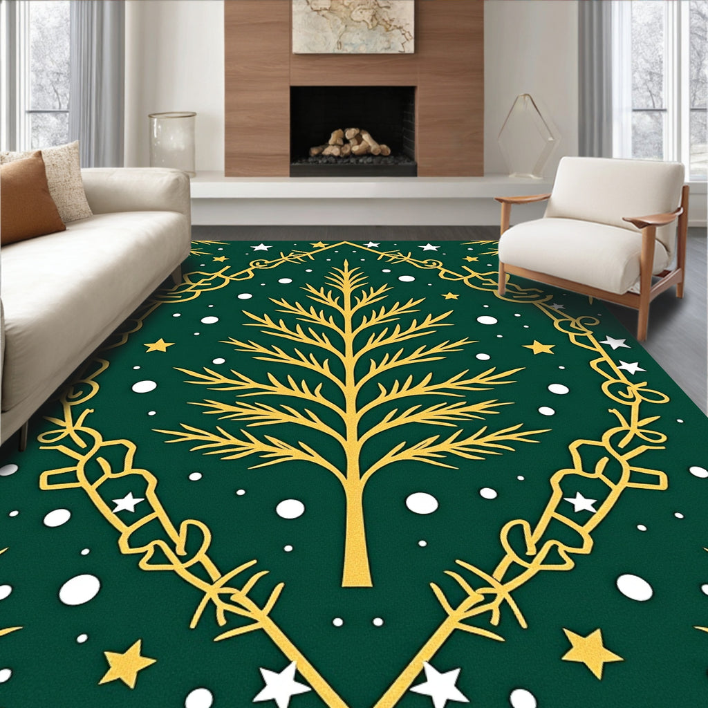 Golden Pine Tree Stars and Snow Rug