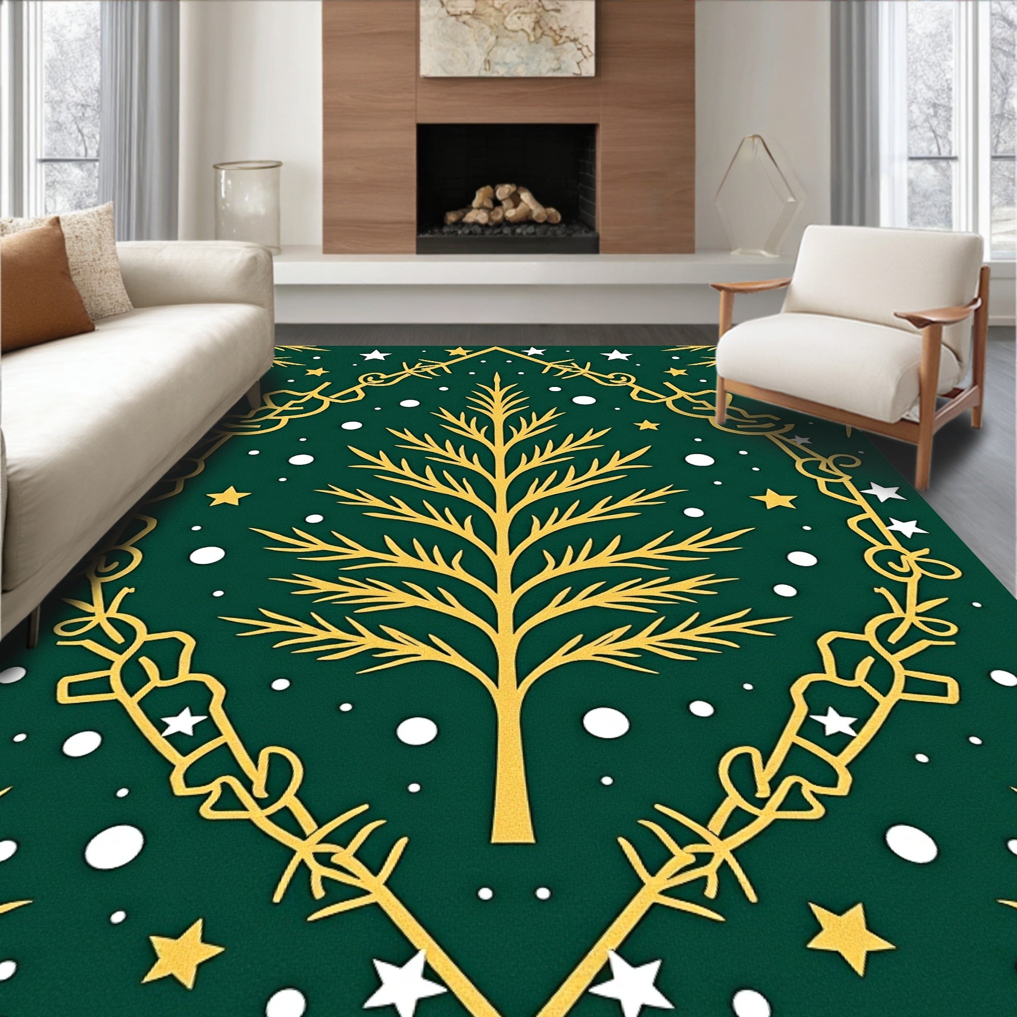 Golden Pine Tree Stars and Snow Rug
