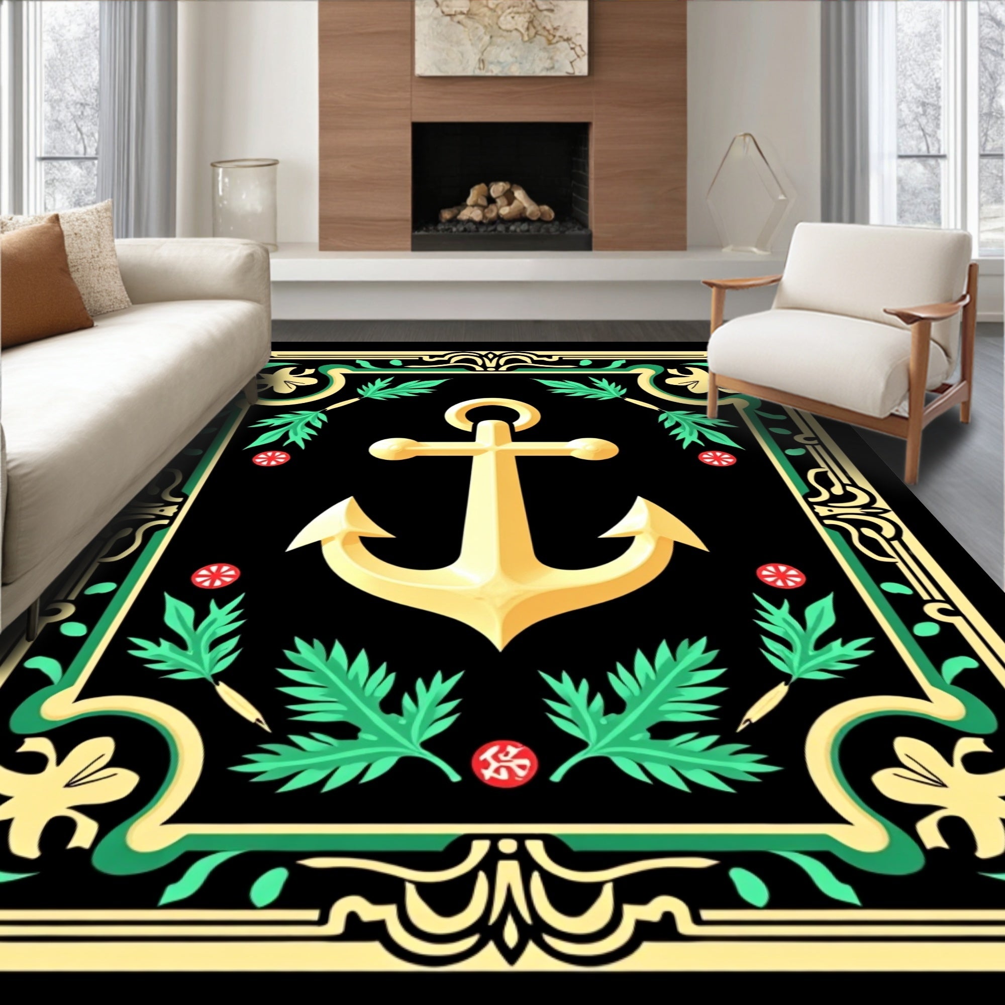 Golden Anchor With Green Floral Border Rug
