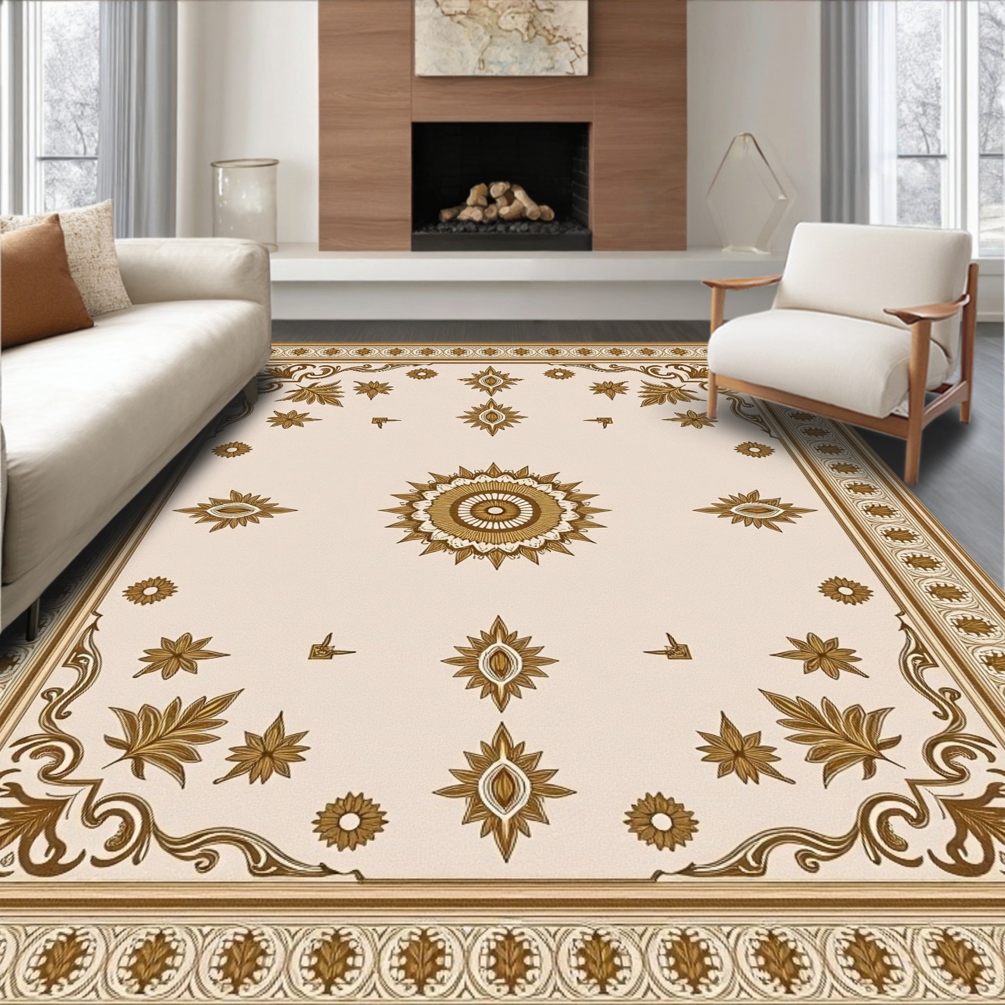 Antique Gold Floral Medallion Cream Rug