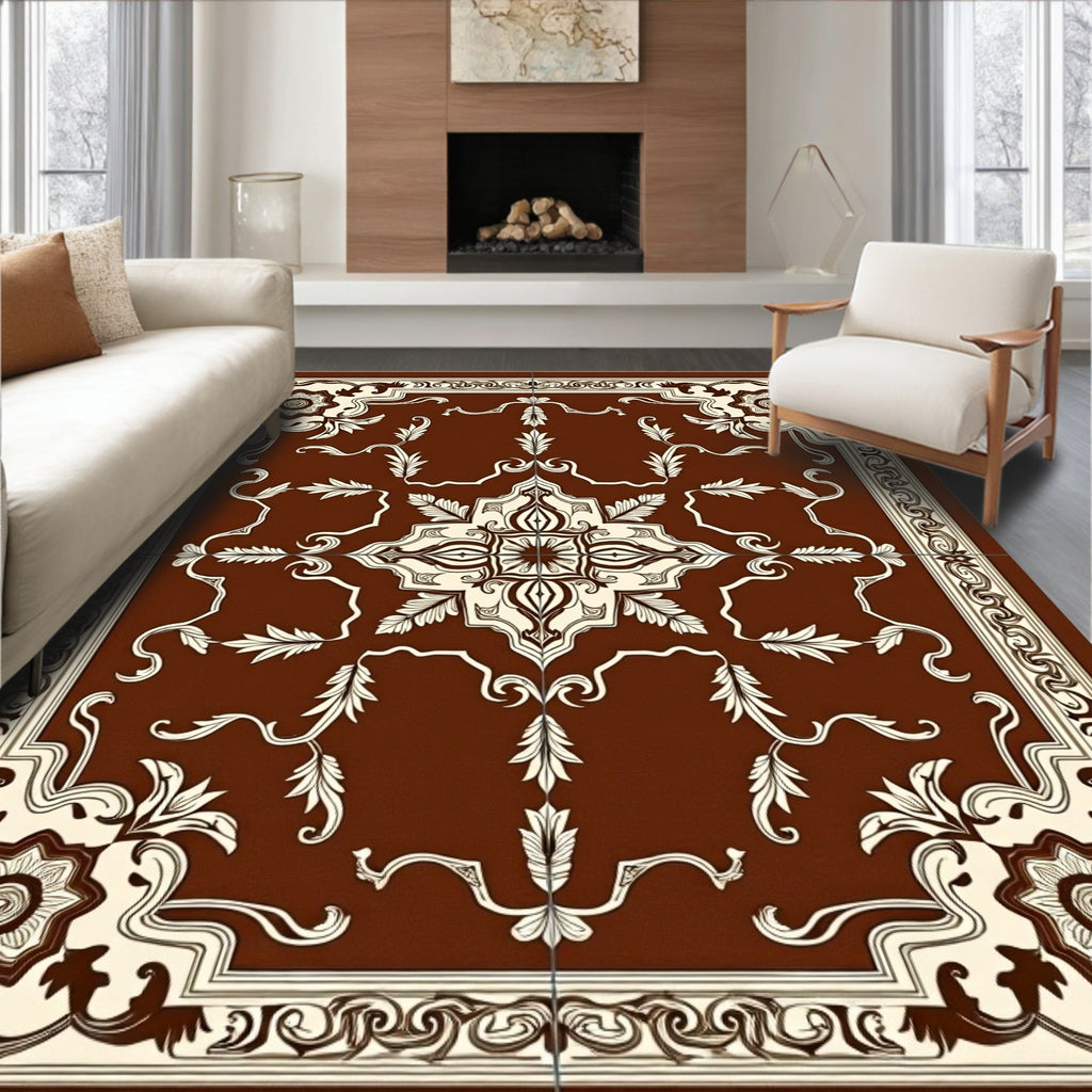 Rich Brown Floral Scroll Medallion Rug
