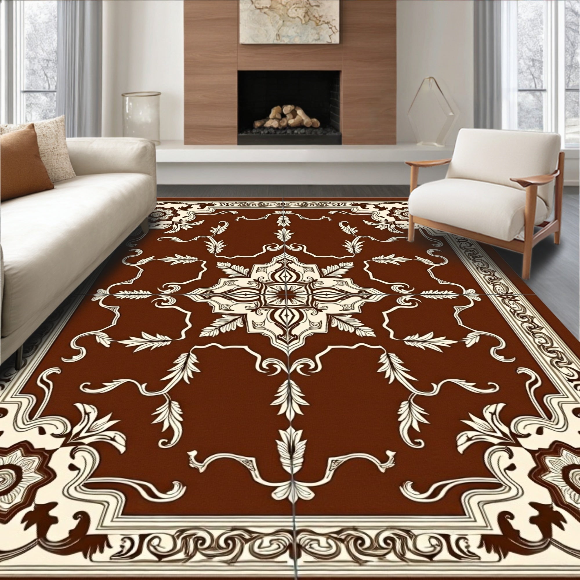 Rich Brown Floral Scroll Medallion Rug