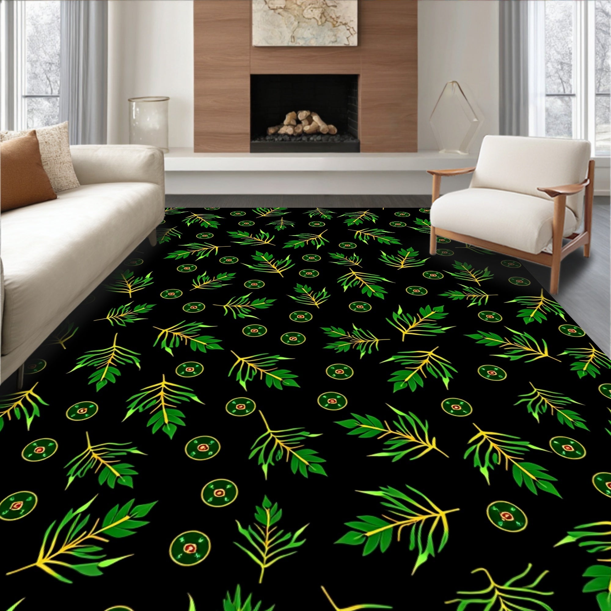 Tropical Green Leaf Medallion Rug