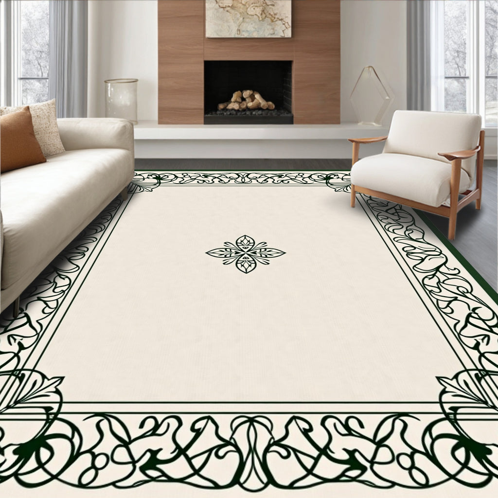 Elegant Ivory Dark Green Scroll Frame Rug