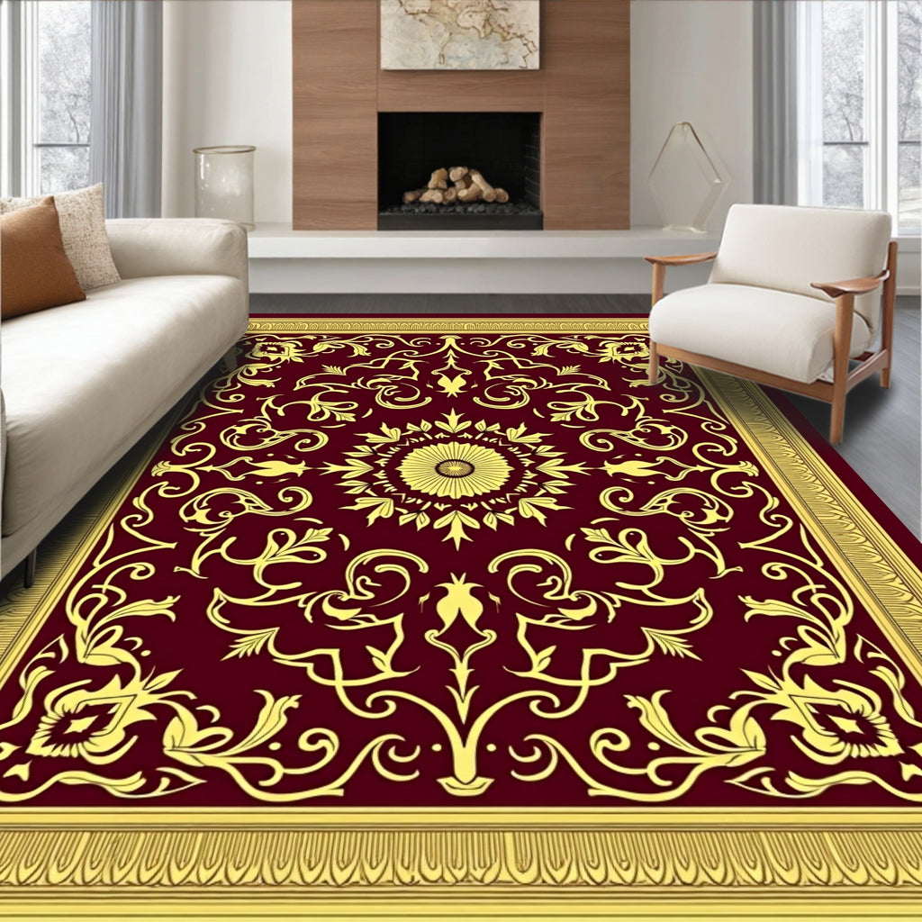Gold Swirls Blooming Vine Crimson Rug