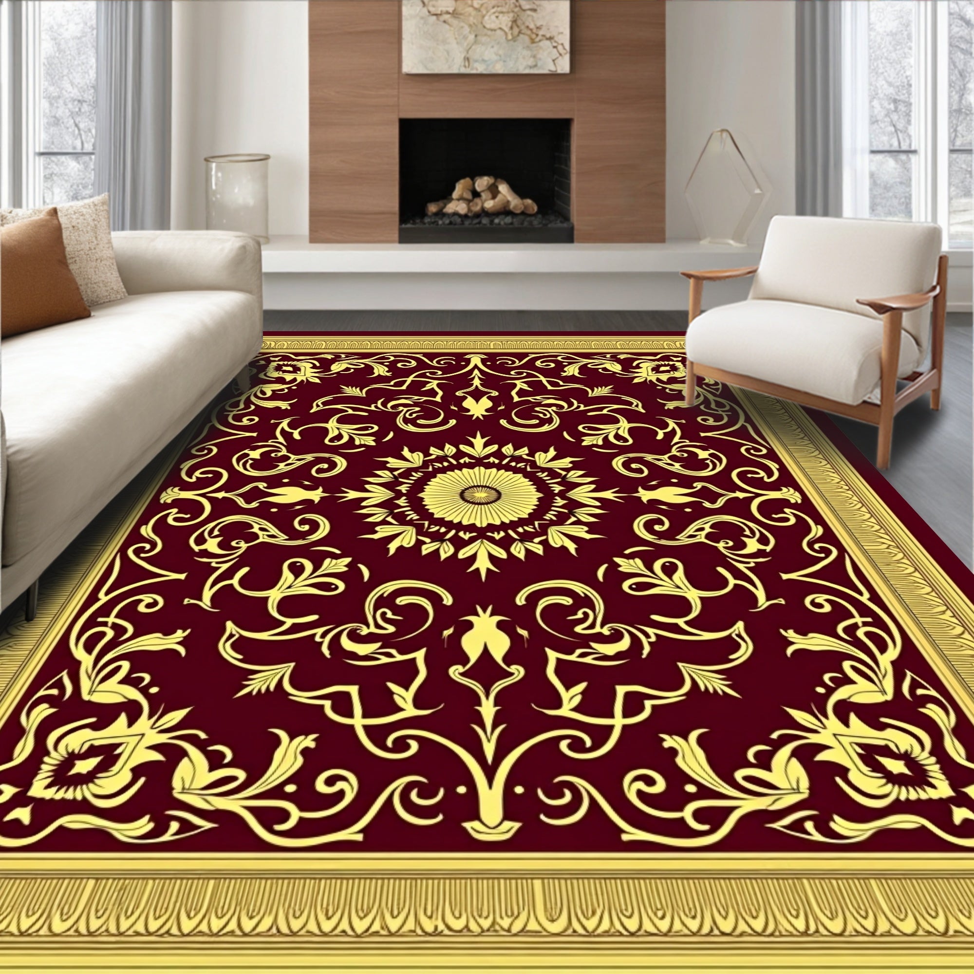 Gold Swirls Blooming Vine Crimson Rug
