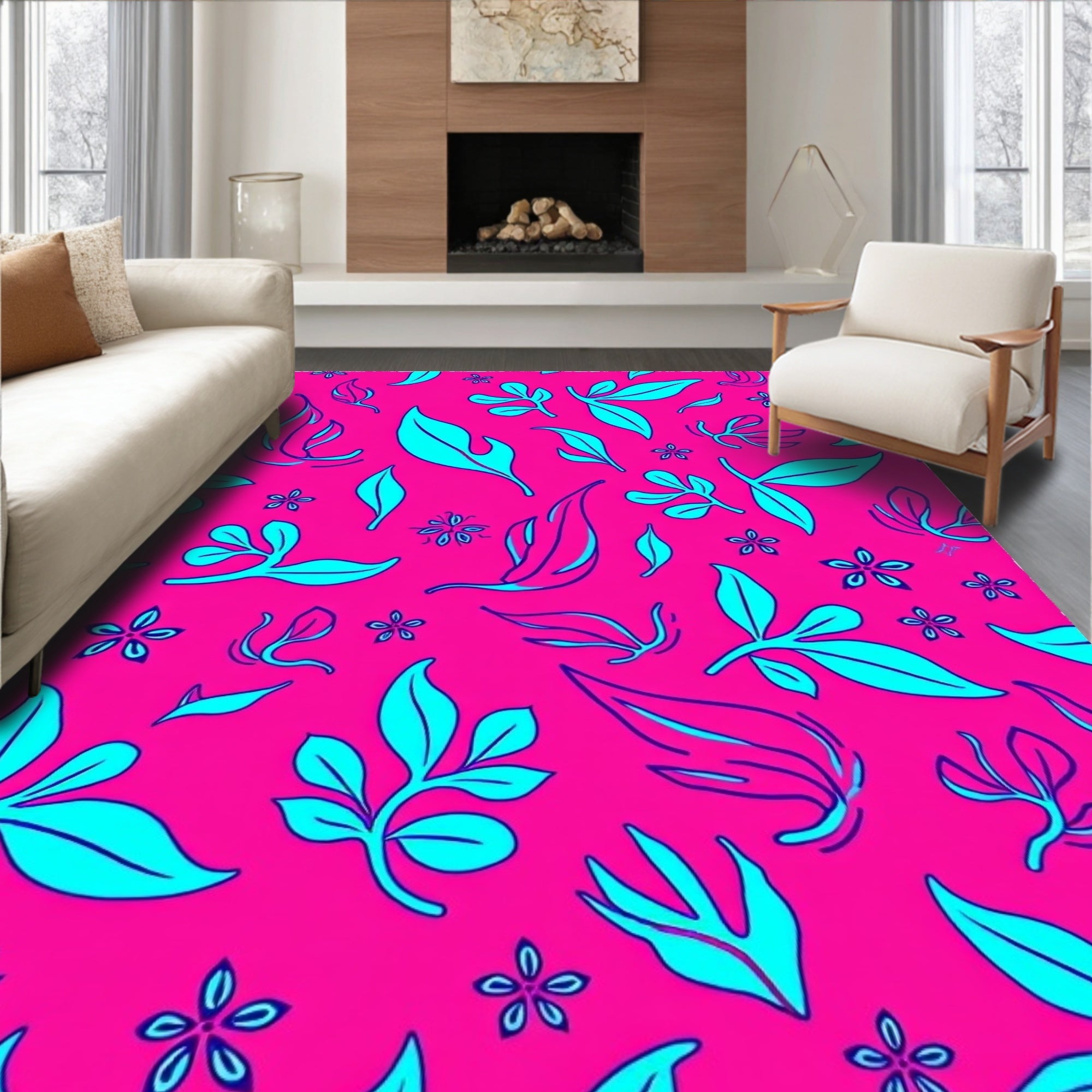 Vibrant Pink Teal Leaf Swirls Rug