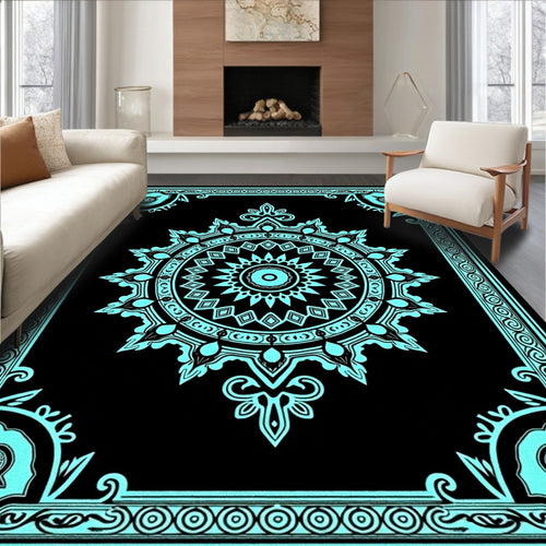 Aqua Black Intricate Medallion Frame Rug