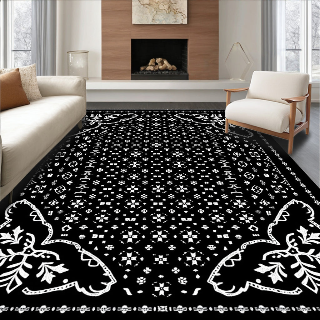 Black White Folk Floral Geometric Rug