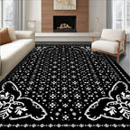 Black White Folk Floral Geometric Rug