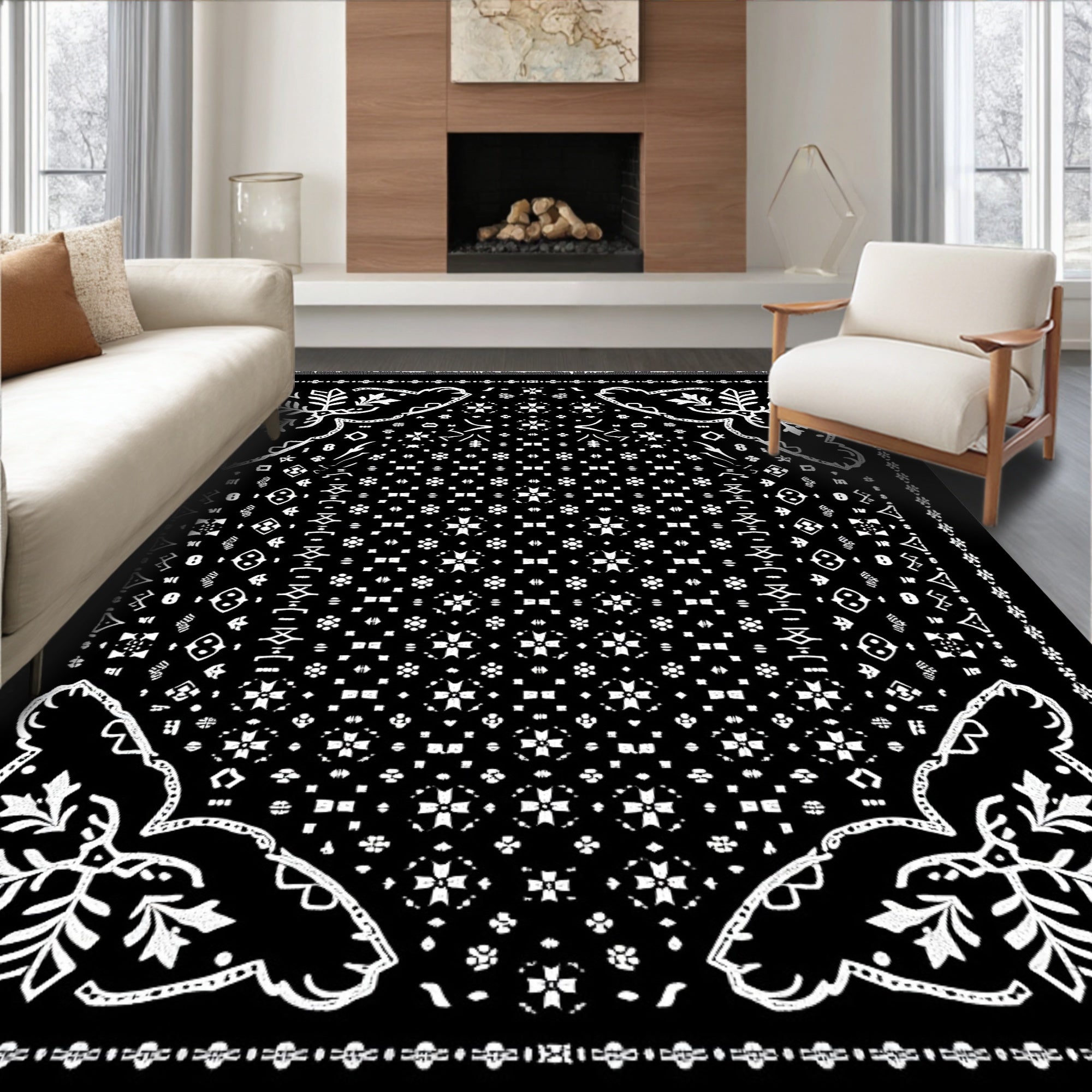 Black White Folk Floral Geometric Rug