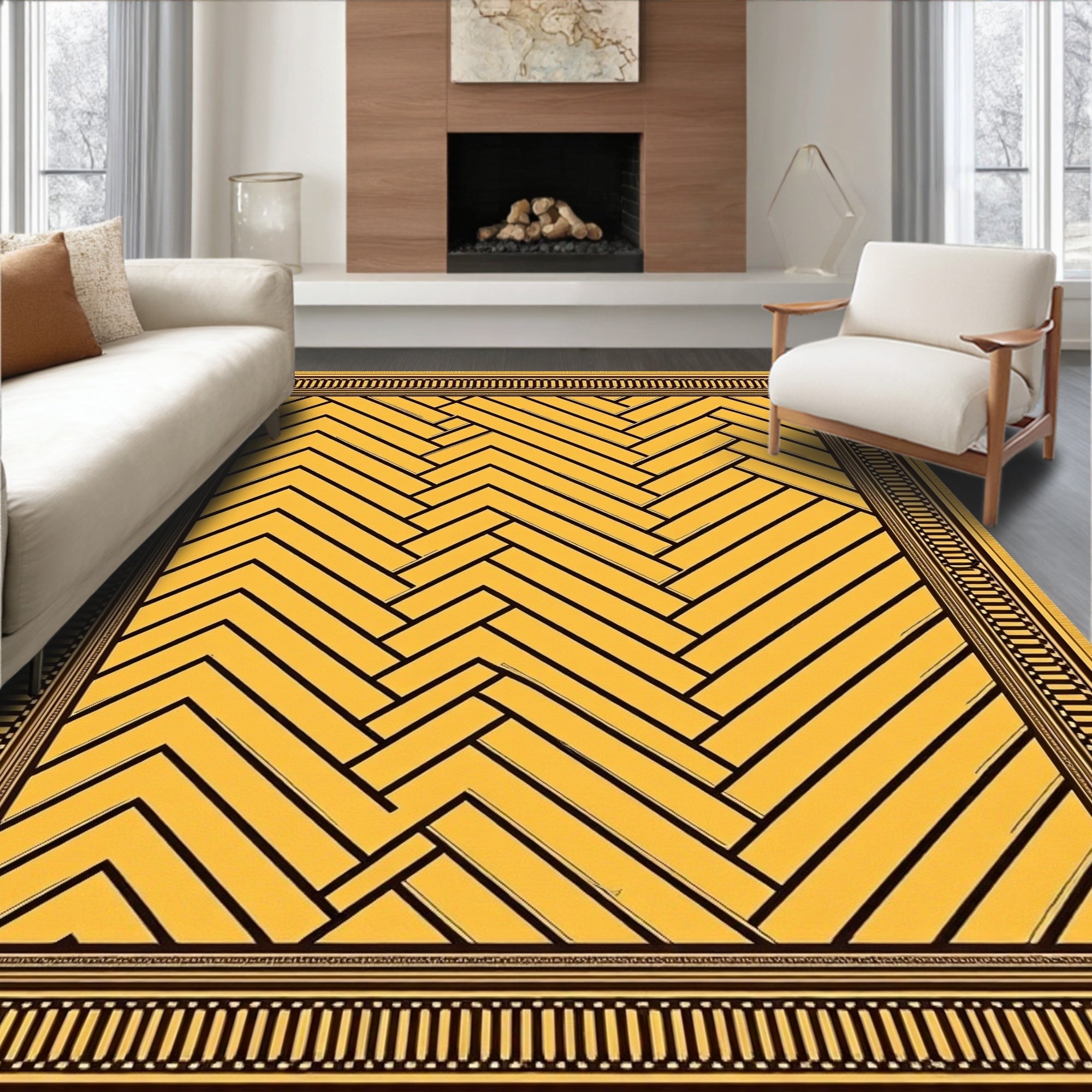 Golden Yellow Herringbone Geometric Rug