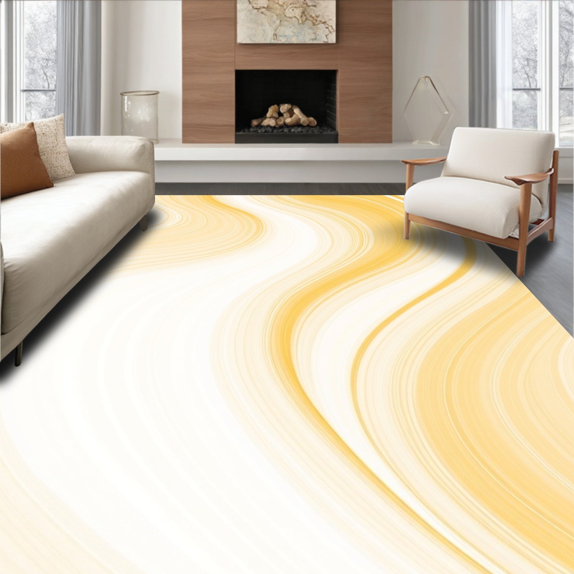 Golden Abstract Swirl Curving Lines Rug