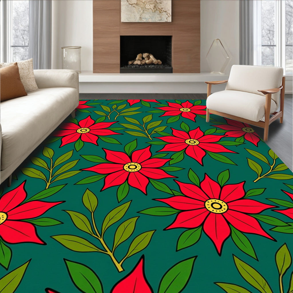 Crimson Bloom Branches On Teal Rug