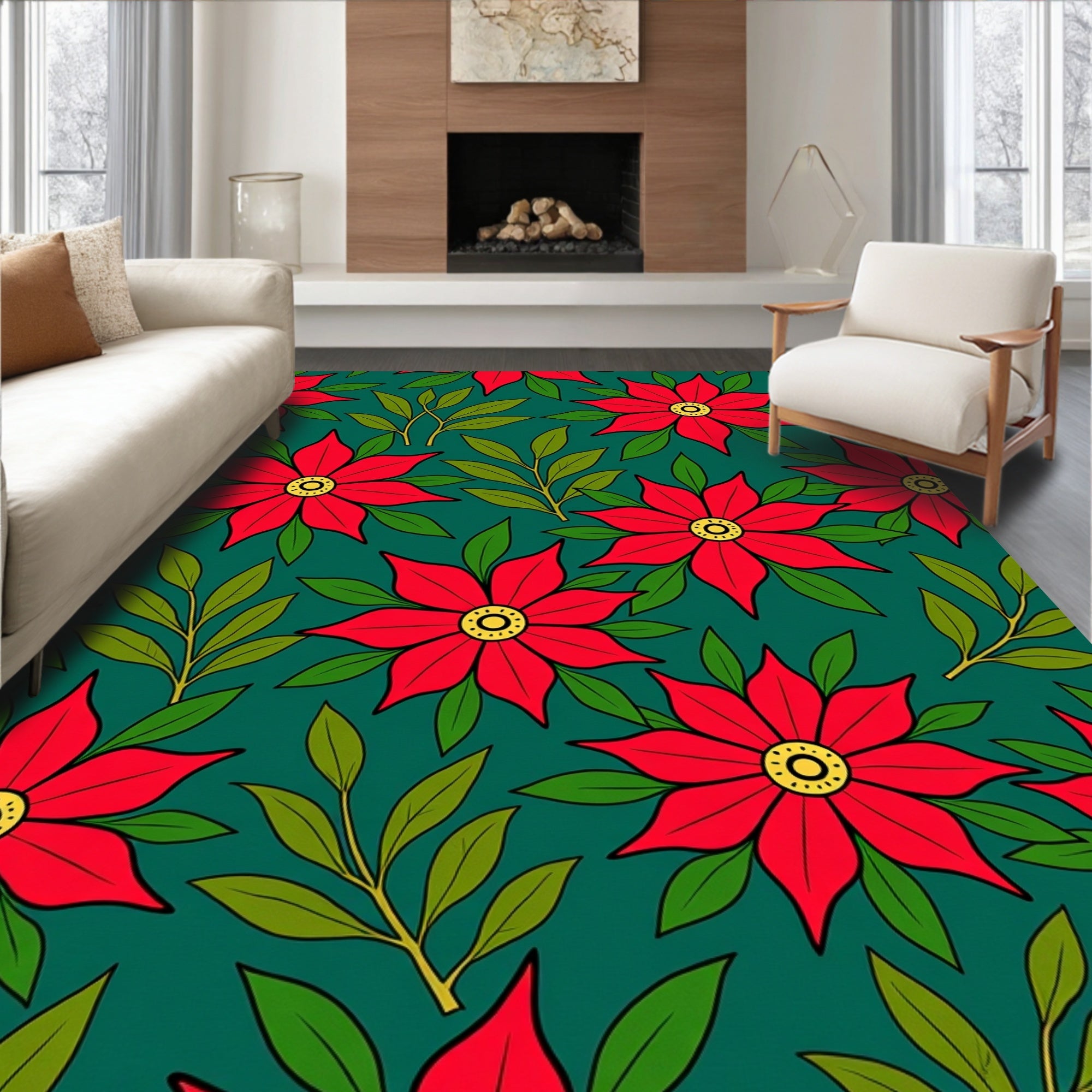 Crimson Bloom Branches On Teal Rug