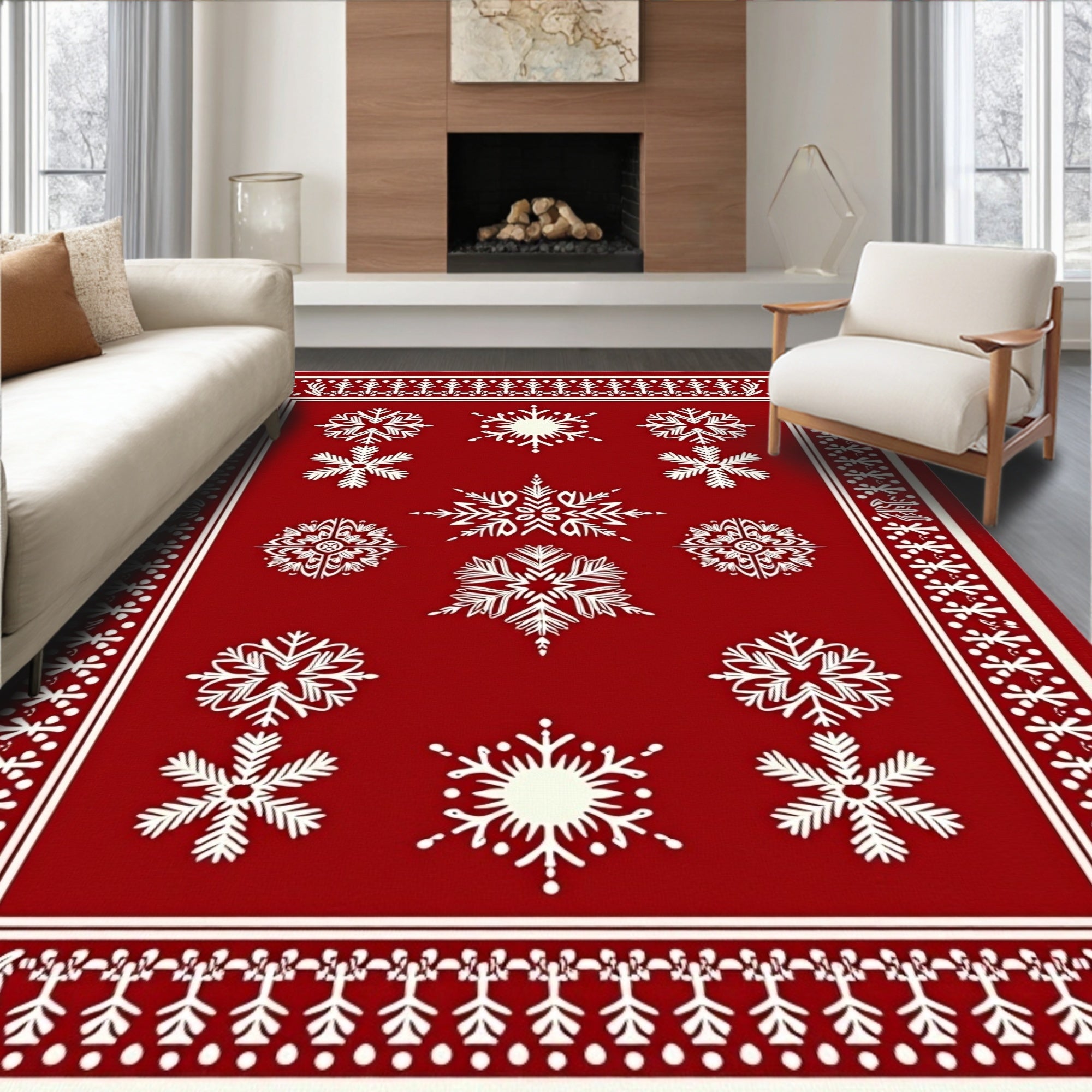 Crimson White Snowflake Collection Rug